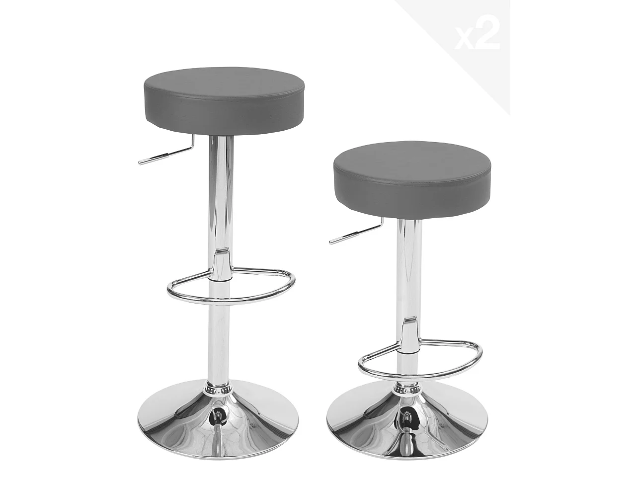 Lote de 2 taburetes de bar redondos, asiento de símil cuero acolchado, giratorio y altura regulable, base cromada YO (gris oscuro)
