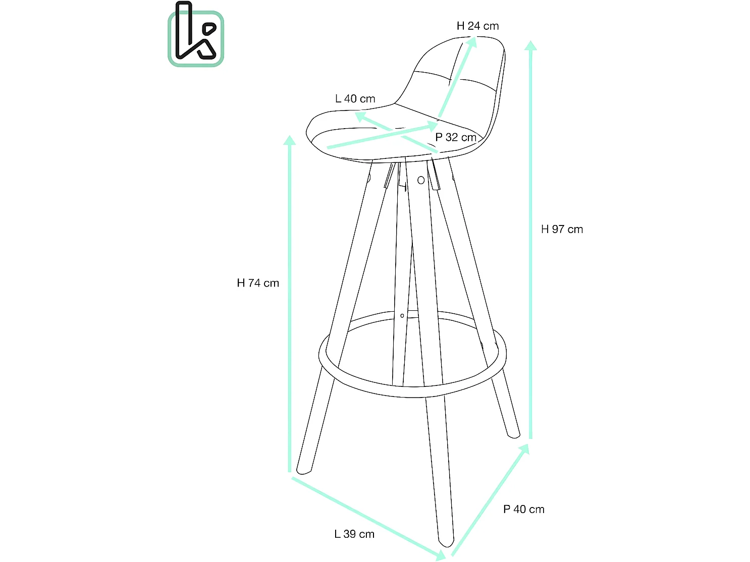 Lot 2 tabourets de bar scandinaves 75cm, coussin, pieds bois, repose pied chromé SANA (noir marron)