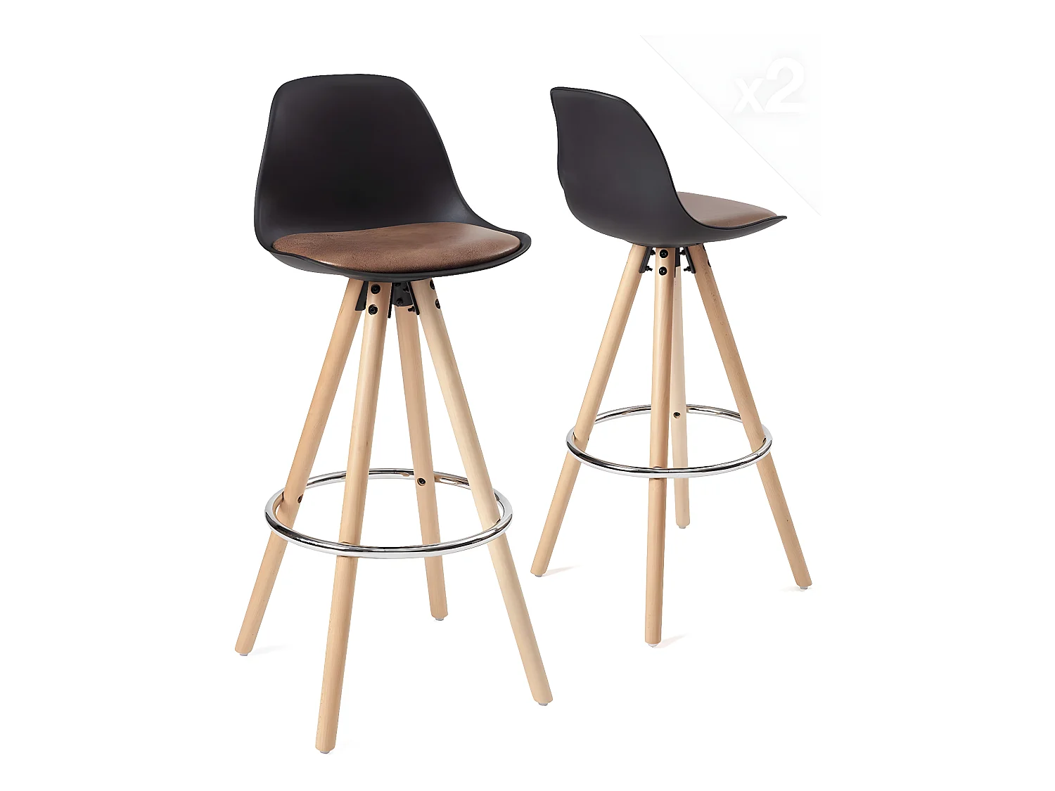 Lot 2 tabourets de bar scandinaves 75cm coussin simili pieds bois clair repose pieds chromé SANA (noir marron)