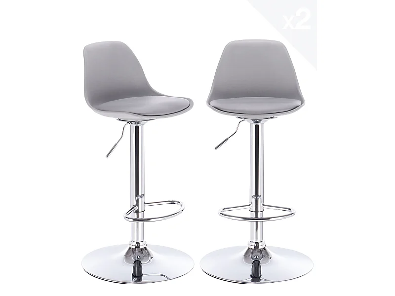 Lot 2 tabourets de bar cuisine coussin simili cuir pivotant hauteur réglable pied chrome SIG (gris)