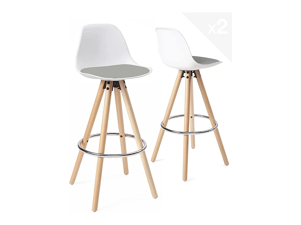 Lot 2 tabourets de bar scandinaves 75cm coussin simili pieds bois clair repose pieds chromé SANA (blanc gris)
