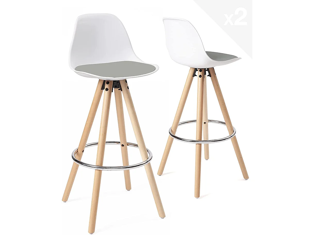 Lot 2 tabourets de bar scandinaves 75cm coussin simili pieds bois clair repose pieds chromé SANA (blanc gris)
