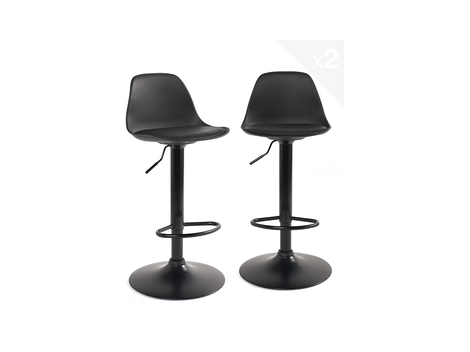 Lot 2 tabourets de bar noir design coussin simili cuir pivotant hauteur réglable SIG (noir intégral)