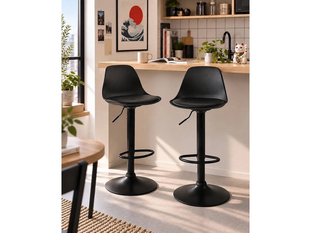 Set van 2 zwarte design barkrukken kussen simili leder draaibaar verstelbare hoogte SIG (zwart integraal)
