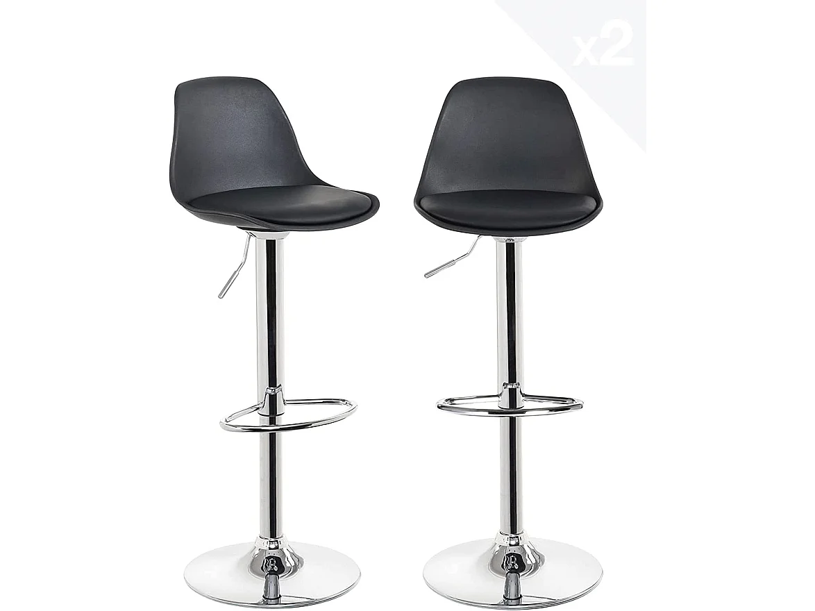 Lot 2 tabourets de bar cuisine coussin simili cuir pivotant hauteur réglable pied chrome SIG (noir)