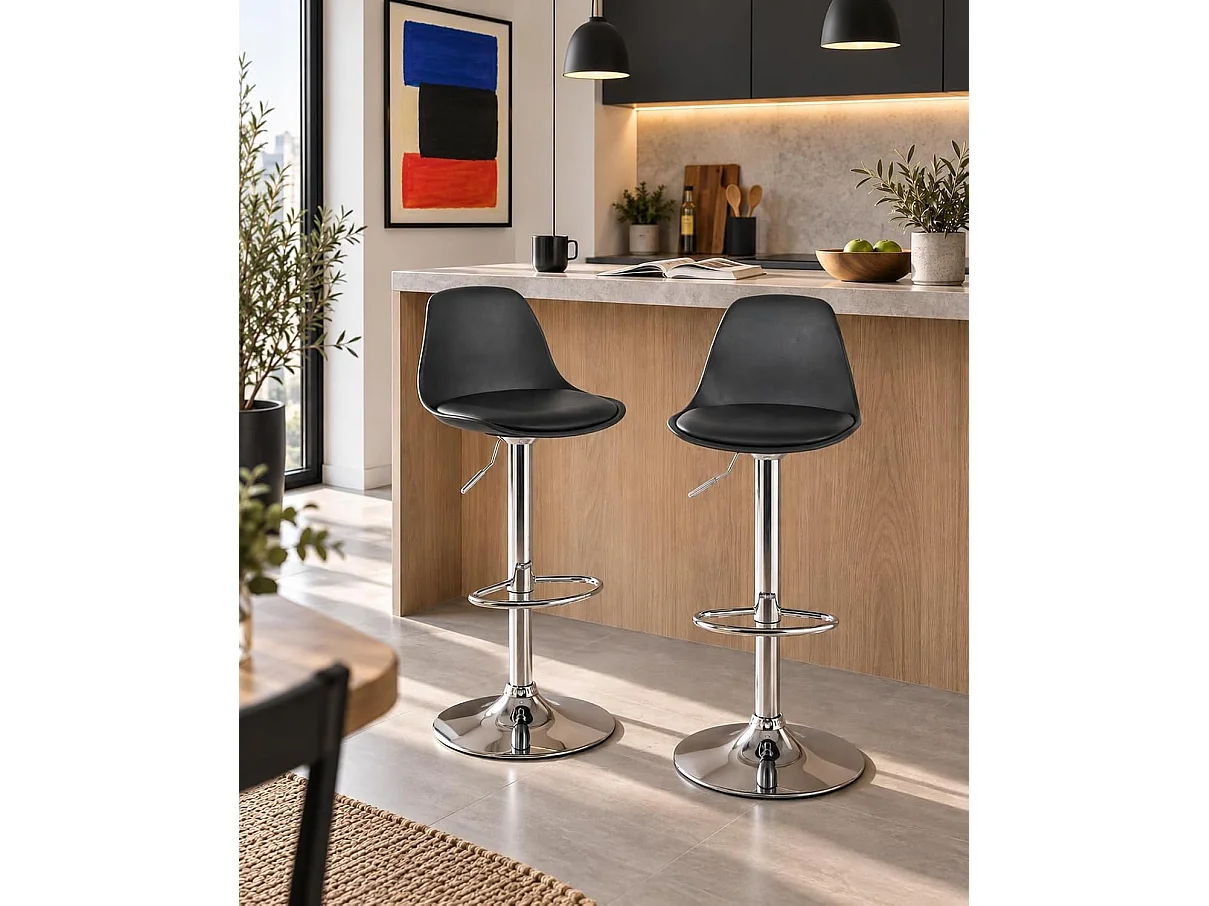 Lote de 2 taburetes de bar de diseño, asiento con respaldo bajo y cojín de cuero sintético, giratorios, altura regulable, base cromada SIG (negro)