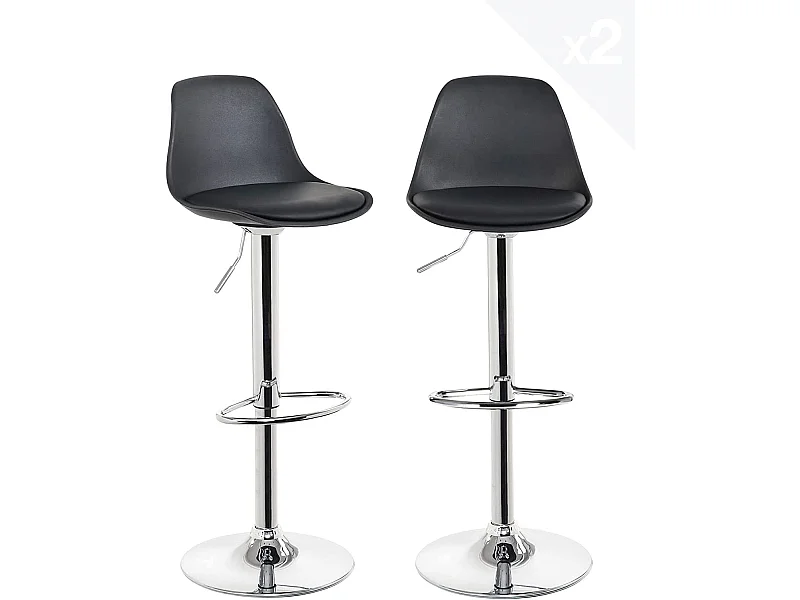 Lot 2 tabourets de bar cuisine coussin simili cuir pivotant hauteur réglable pied chrome SIG (noir)
