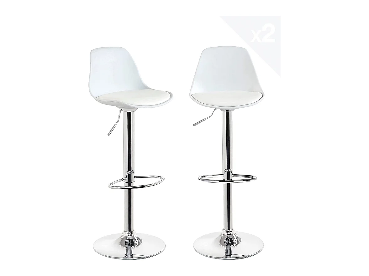 Lot 2 tabourets de bar cuisine coussin simili cuir pivotant hauteur réglable pied chrome SIG (blanc)