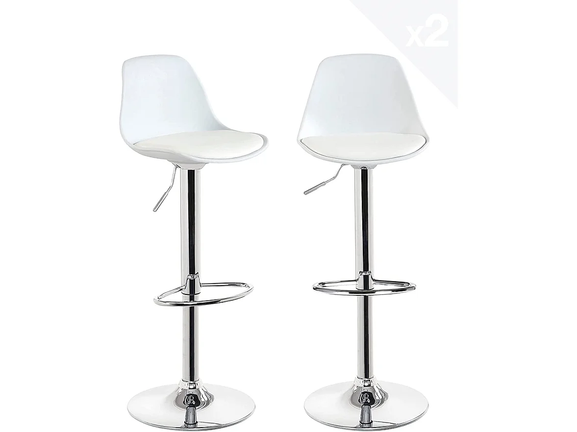 Lot 2 tabourets de bar cuisine coussin simili cuir pivotant hauteur réglable pied chrome SIG (blanc)