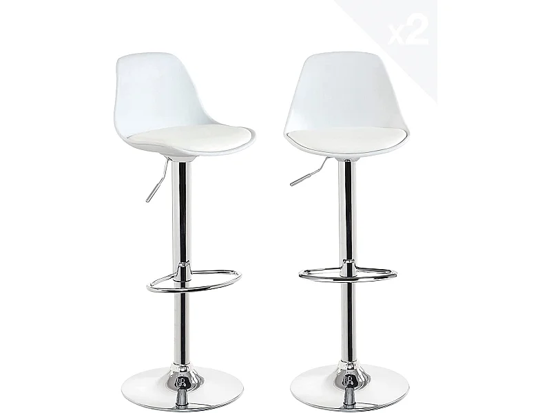 Lot 2 tabourets de bar cuisine coussin simili cuir pivotant hauteur réglable pied chrome SIG (blanc)