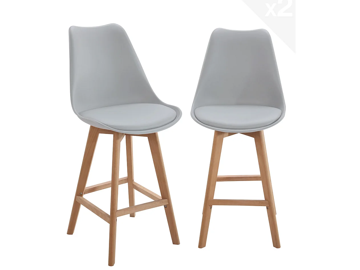 Lot 2 chaises de bar scandinaves 70cm large siège coussin simili cuir pieds bois TIKA (gris)