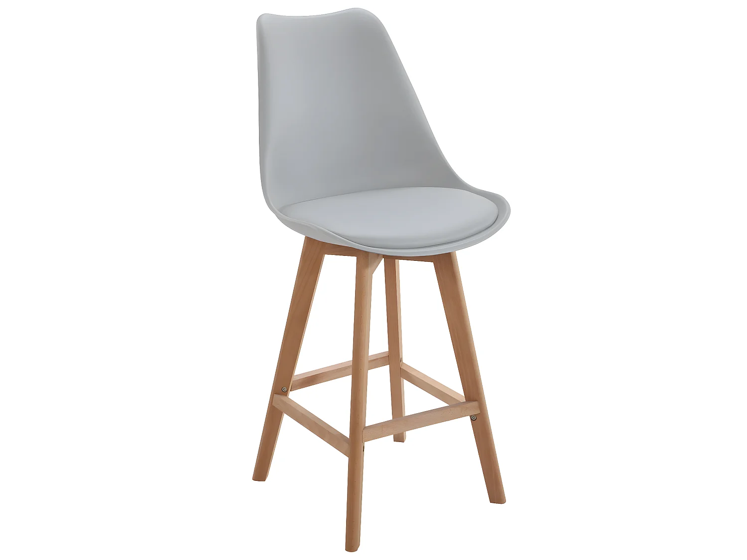 Lot 2 chaises de bar scandinaves 70cm large siège coussin simili cuir pieds bois TIKA (gris)