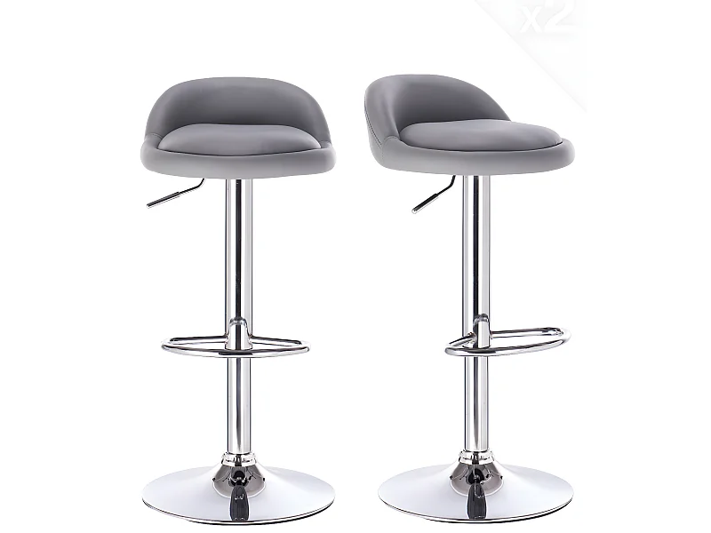 Lot 2 tabourets de bar cuisine simili cuir pivotant hauteur réglable pied chrome SATI (Gris)