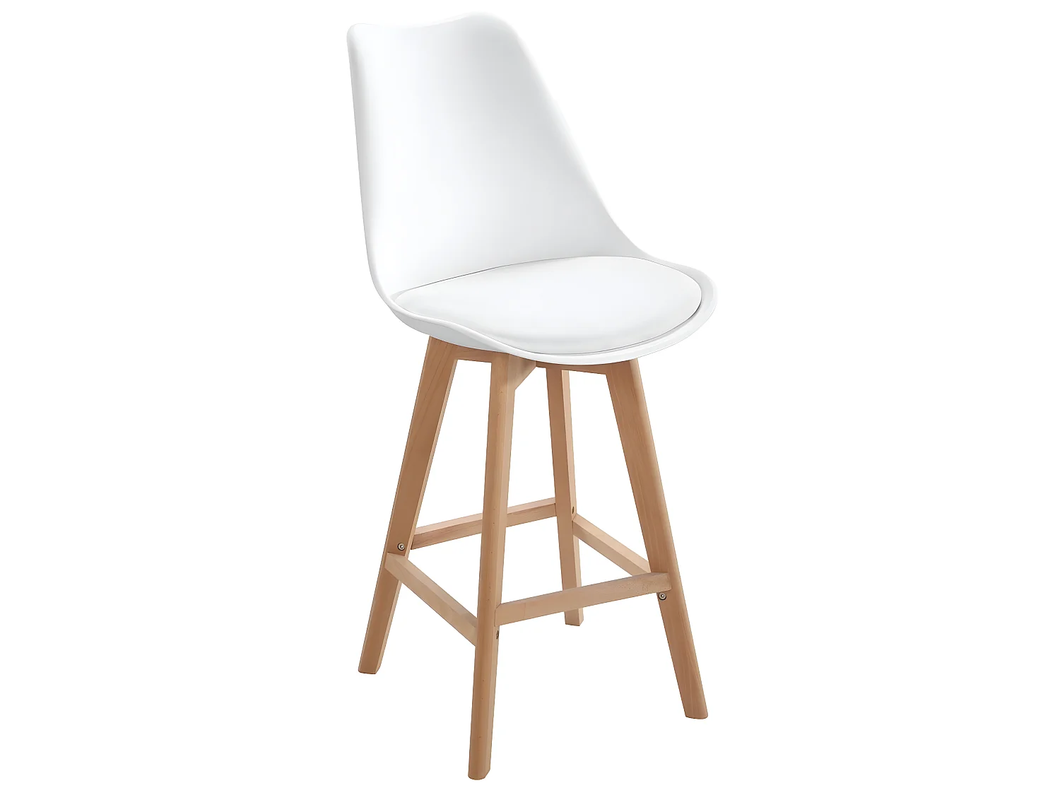 Lot 2 chaises de bar scandinaves 70cm large siège coussin simili cuir pieds bois TIKA (blanc)