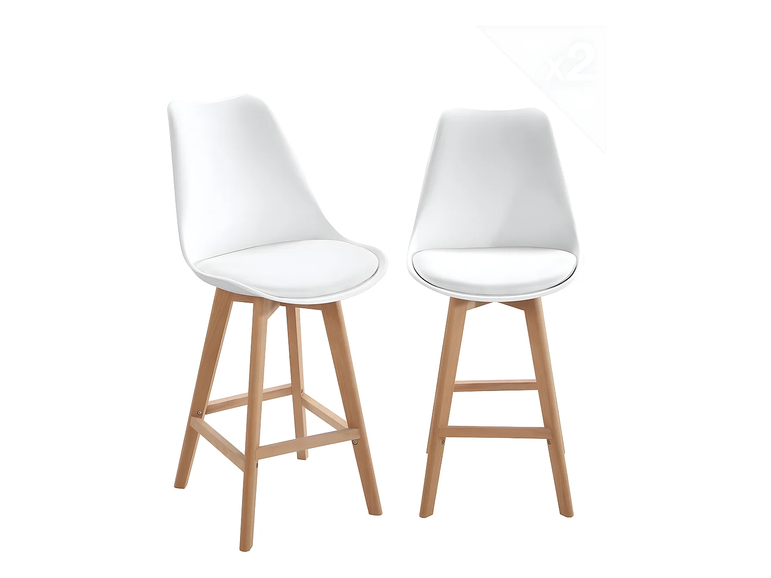 Lot 2 chaises de bar scandinaves 70cm large siège coussin simili cuir pieds bois TIKA (blanc)