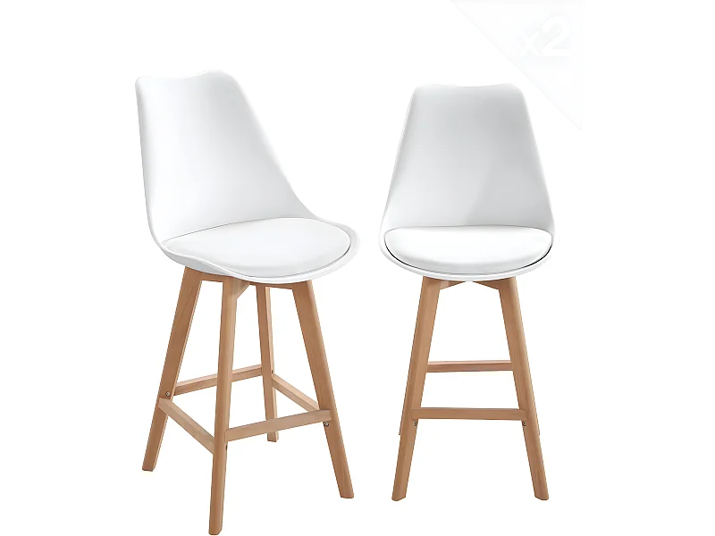 Set van 2 Scandinavische barstoelen 70cm brede zitting kussen simili leder houten poten TIKA (wit)
