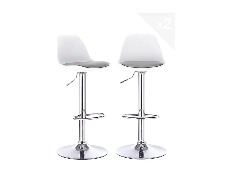 Lot 2 tabourets de bar cuisine coussin simili cuir pivotant hauteur réglable SIG (blanc gris)