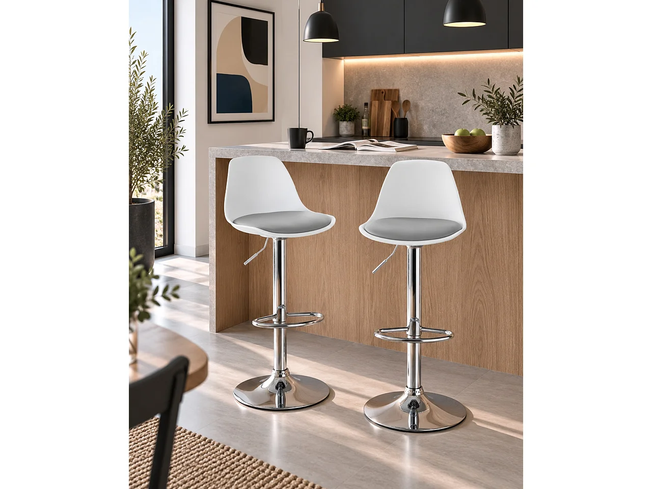 Lote de 2 taburetes de bar de diseño, asiento con respaldo bajo y cojín de cuero sintético, giratorios, altura regulable, base cromada SIG (blanco y gris)