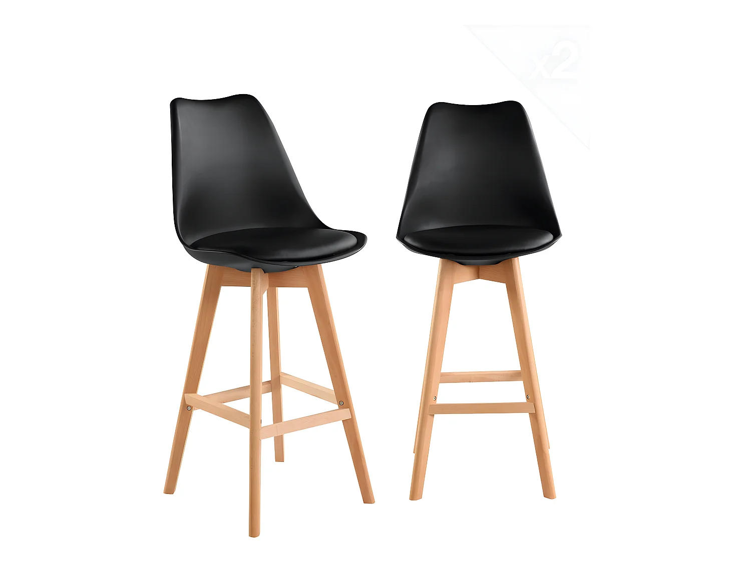 Set van 2 Scandinavische barstoelen 70cm brede zitting kussen simili leder houten poten TIKA (zwart)