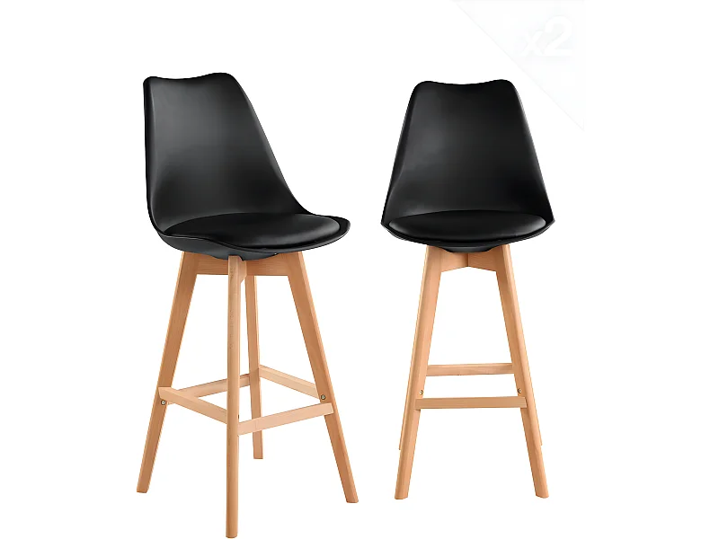 Lot 2 chaises de bar scandinaves 70cm large siège coussin simili cuir pieds bois TIKA (noir)