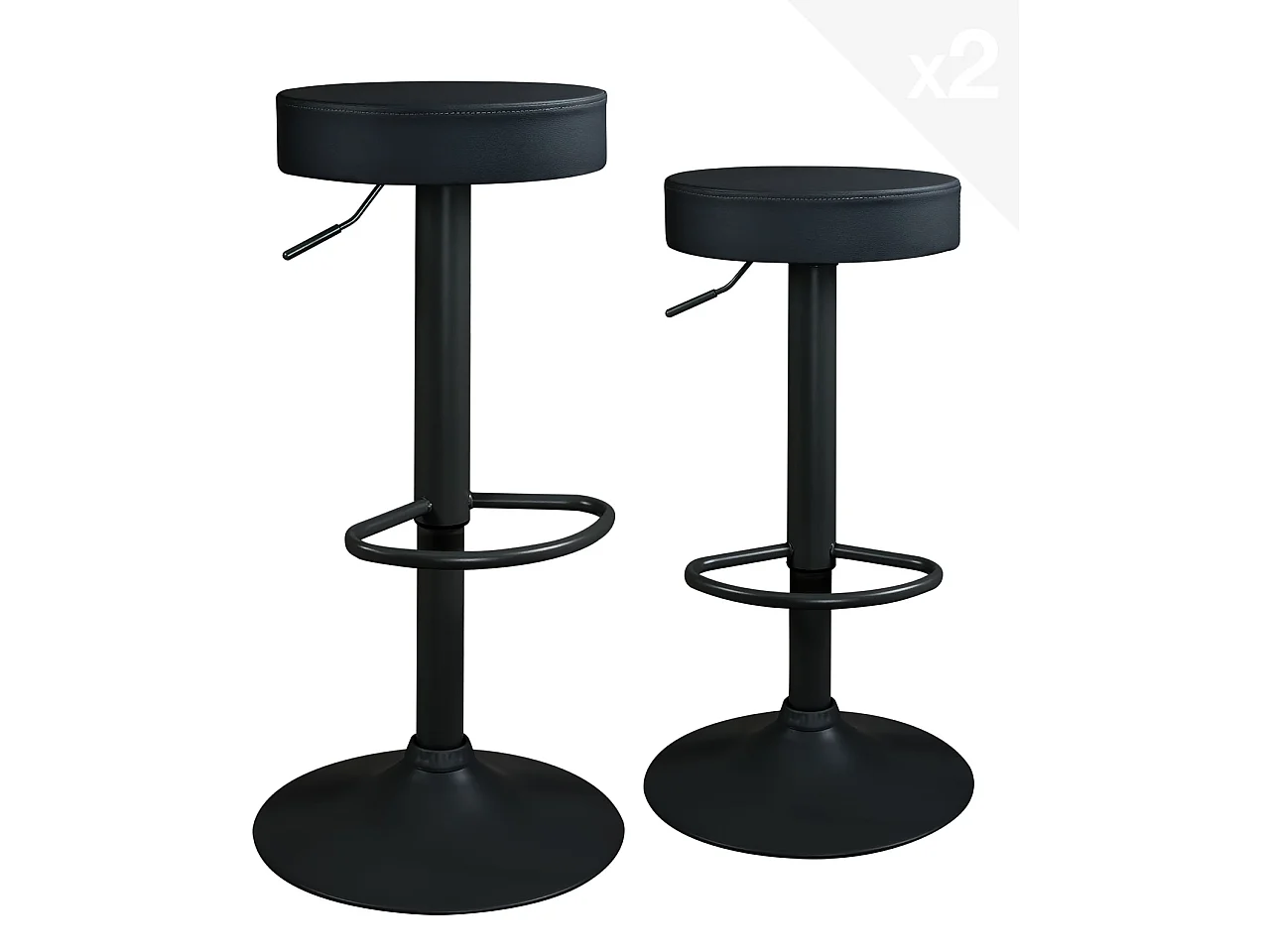 Lot 2 tabourets bar noir rond simili rembourré pivotant hauteur réglable YO (noir intégral)