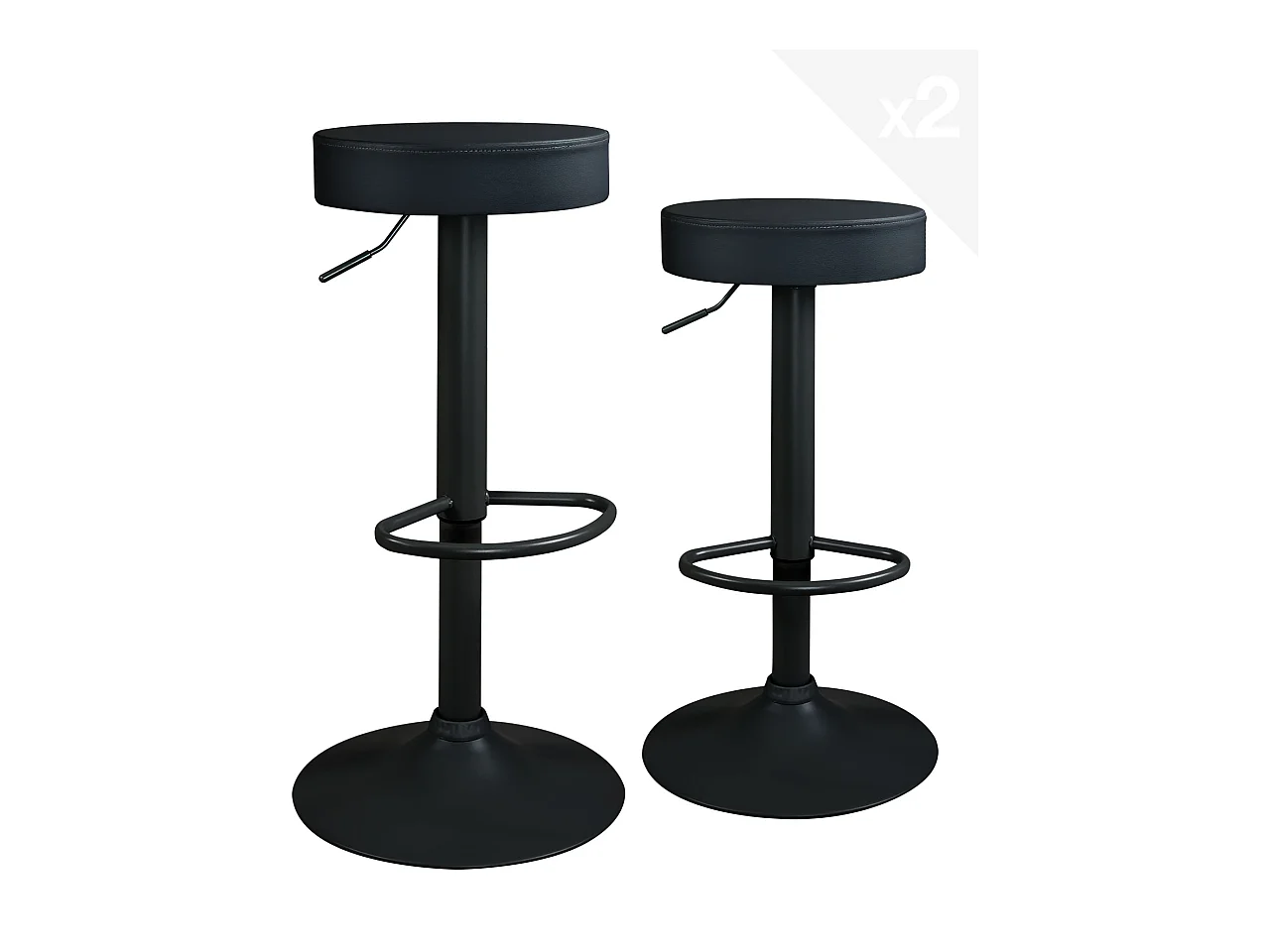 Lot 2 tabourets bar noir rond simili rembourré pivotant hauteur réglable YO (noir intégral)