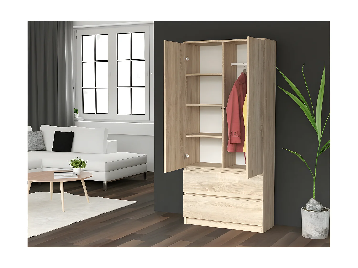 TORINO - Armadio in stile moderno per camera da letto soggiorno - Armadio multifunzionale - 2 ante + cassetti - Spogliatoio - Sistema TIP-ON