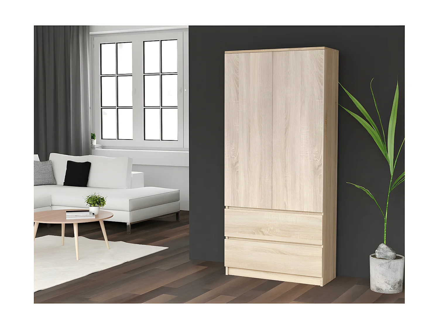 TORINO - Armadio in stile moderno per camera da letto soggiorno - Armadio multifunzionale - 2 ante + cassetti - Spogliatoio - Sistema TIP-ON