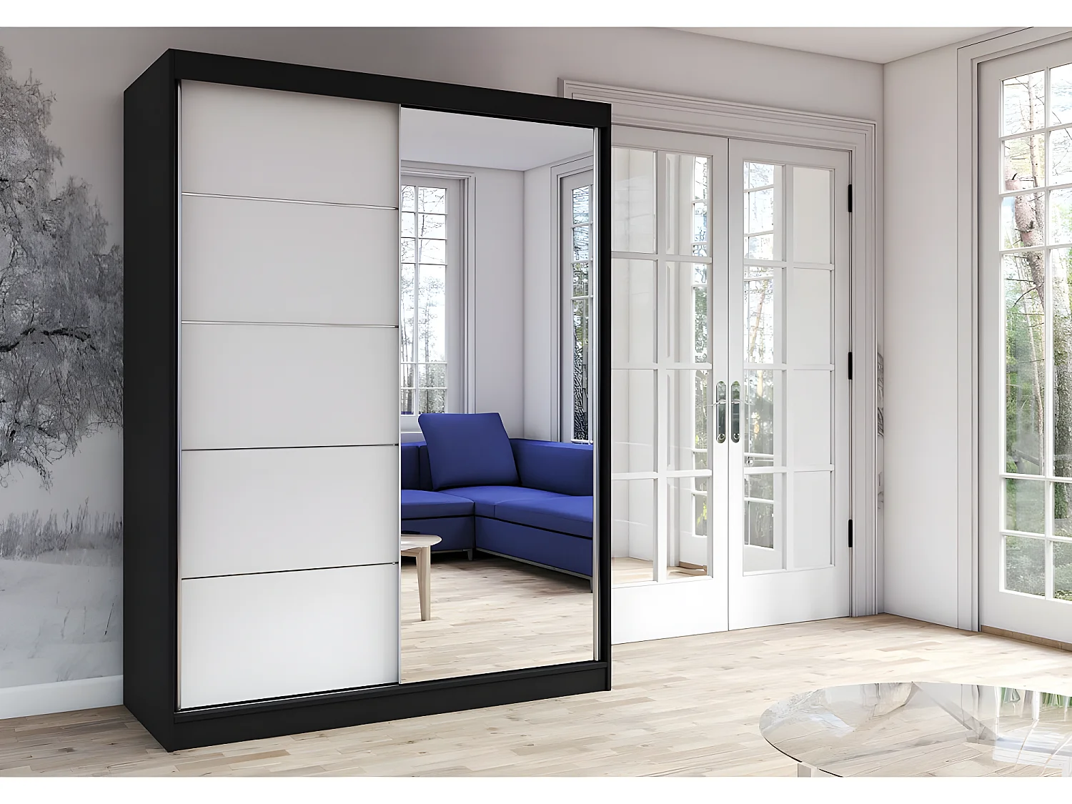 KALKE - Grande armoire à portes coulissantes - Miroir - 5 étagères + tringle - 150x61x200 cm