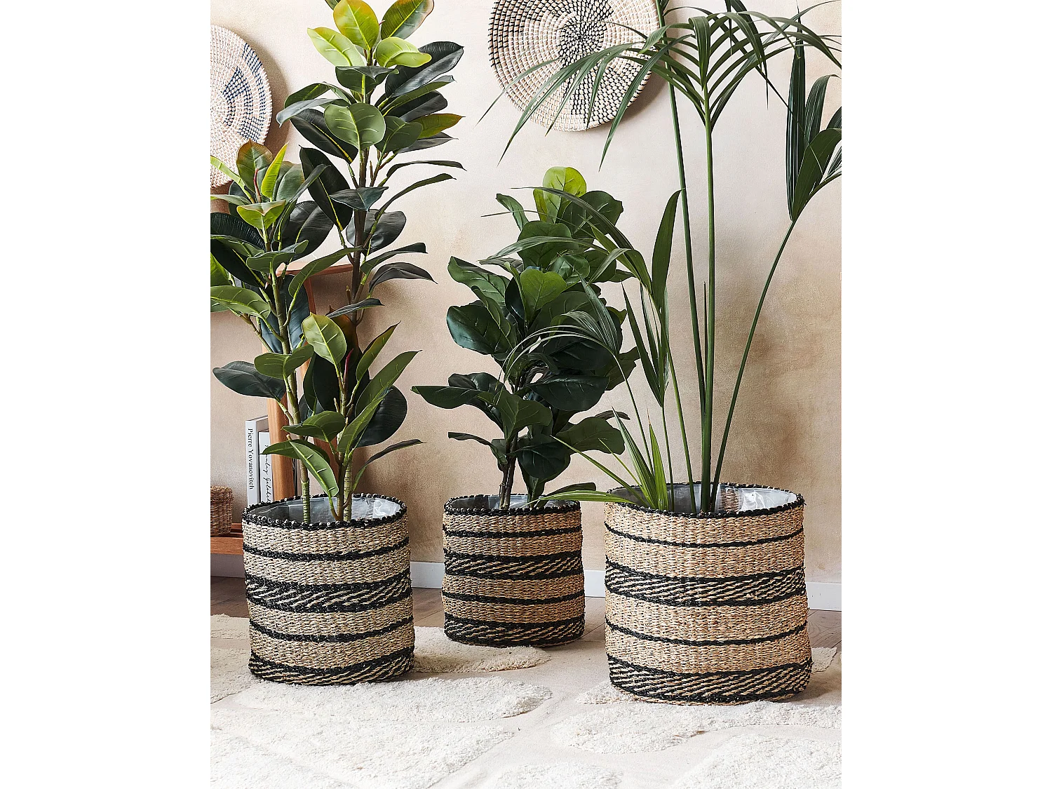 Blumenkorb Seegras natürlich / schwarz 3er Set rund geflochten Boho Stil Rasbora