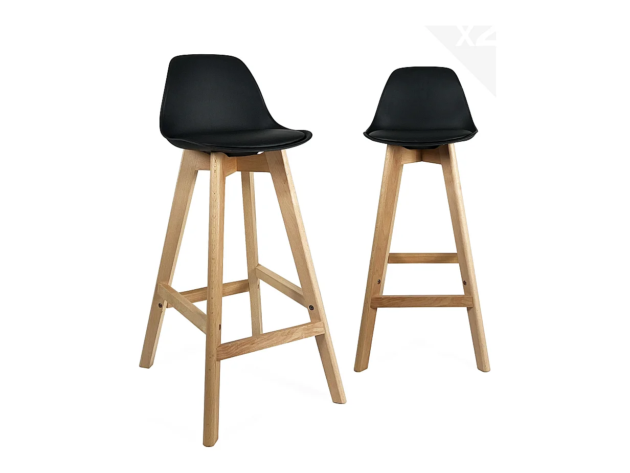 Lote de 2 sillas de bar escandinavas de 67 cm de altura con respaldo y cojín de símil cuero, patas de madera clara MALI (negro)