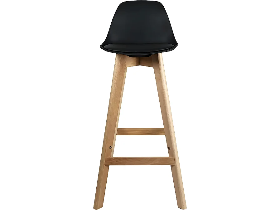 Lote de 2 sillas de bar escandinavas de 67 cm de altura con respaldo y cojín de símil cuero, patas de madera clara MALI (negro)