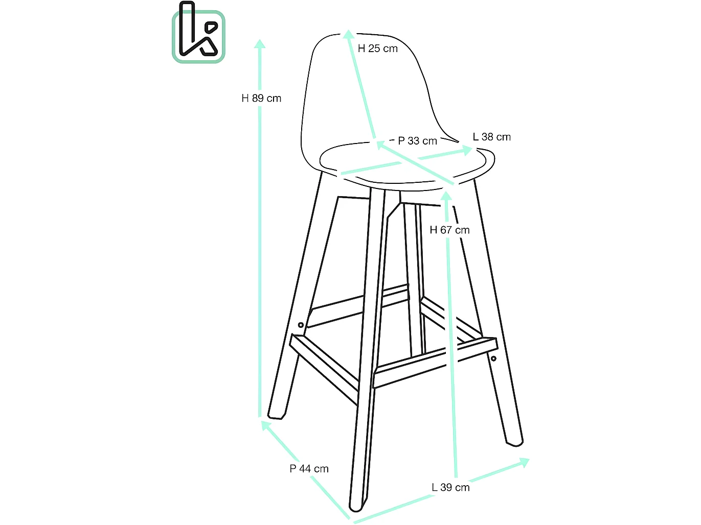 Lote de 2 sillas de bar escandinavas de 67 cm de altura con respaldo y cojín de símil cuero, patas de madera clara MALI (negro)