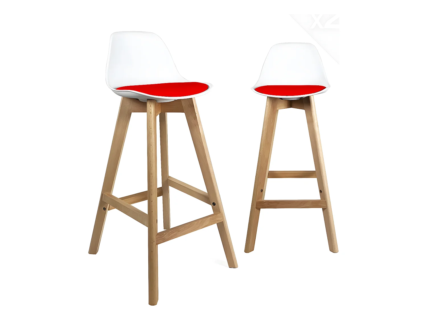 Lot 2 chaises de bar scandinaves hauteur 67cm dossier coussin simili pieds bois clair MALI (blanc rouge)