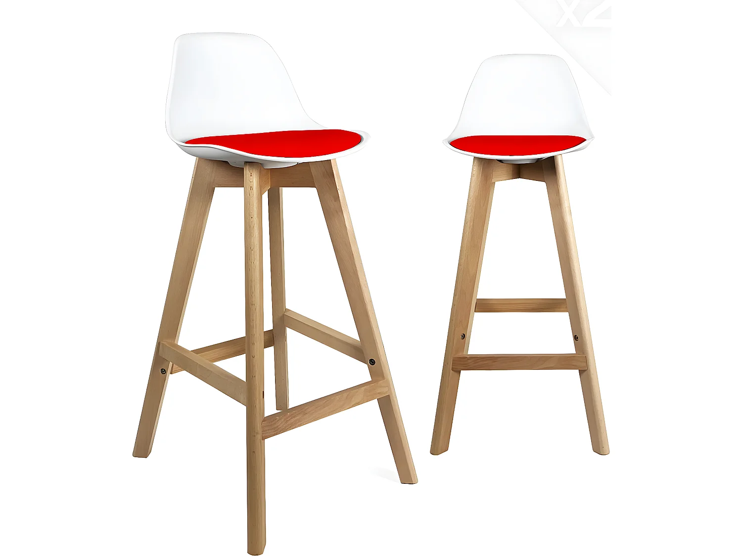 Lot 2 chaises de bar scandinaves hauteur 67cm dossier coussin simili pieds bois clair MALI (blanc rouge)