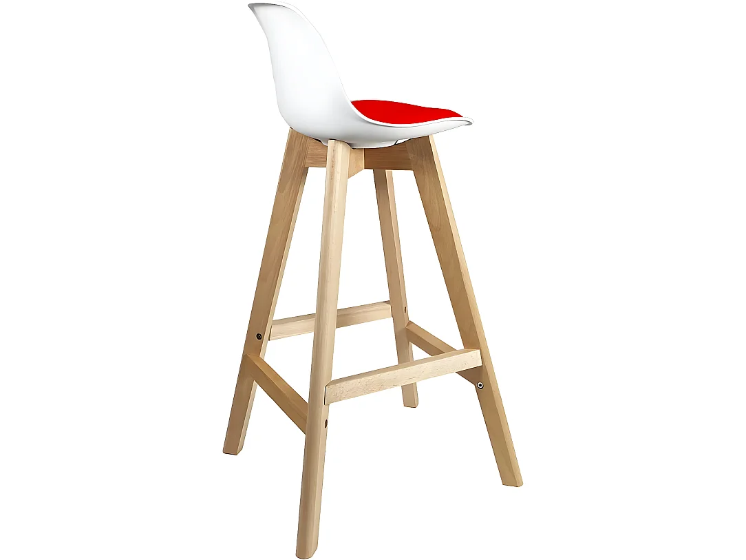 Lot 2 chaises de bar scandinaves hauteur 67cm dossier coussin simili pieds bois clair MALI (blanc rouge)
