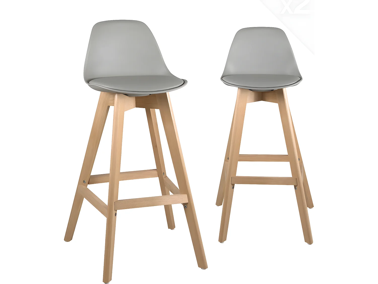 Lote de 2 sillas de bar escandinavas de 67 cm de altura con respaldo y cojín de símil cuero, patas de madera clara MALI (gris)
