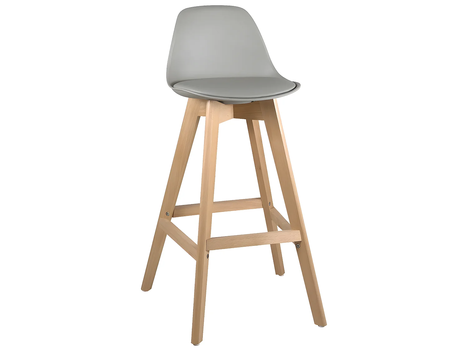 Lote de 2 sillas de bar escandinavas de 67 cm de altura con respaldo y cojín de símil cuero, patas de madera clara MALI (gris)