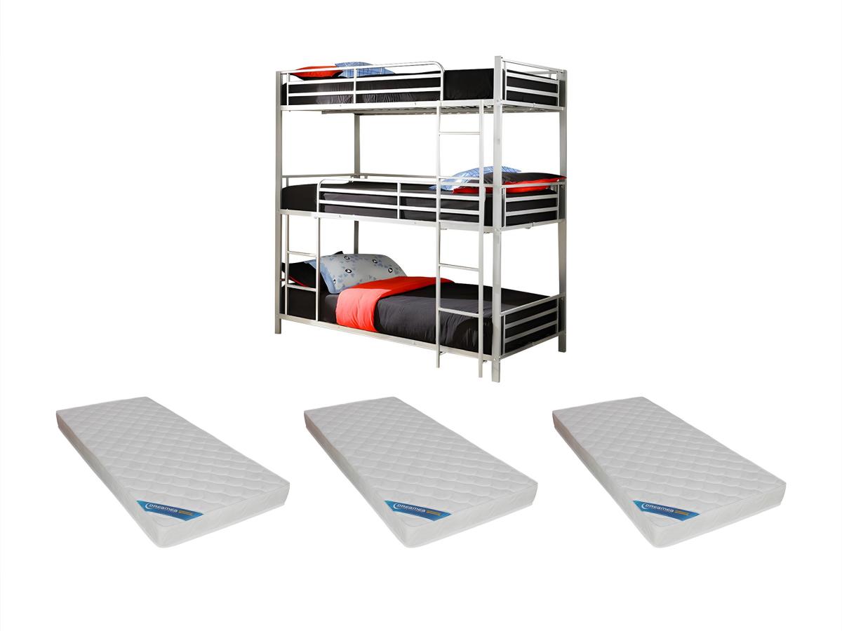 Etagenbett mit Matratze - 3 Personen - 3 x 90 x 190 cm - Metall - Silberfar günstig online kaufen