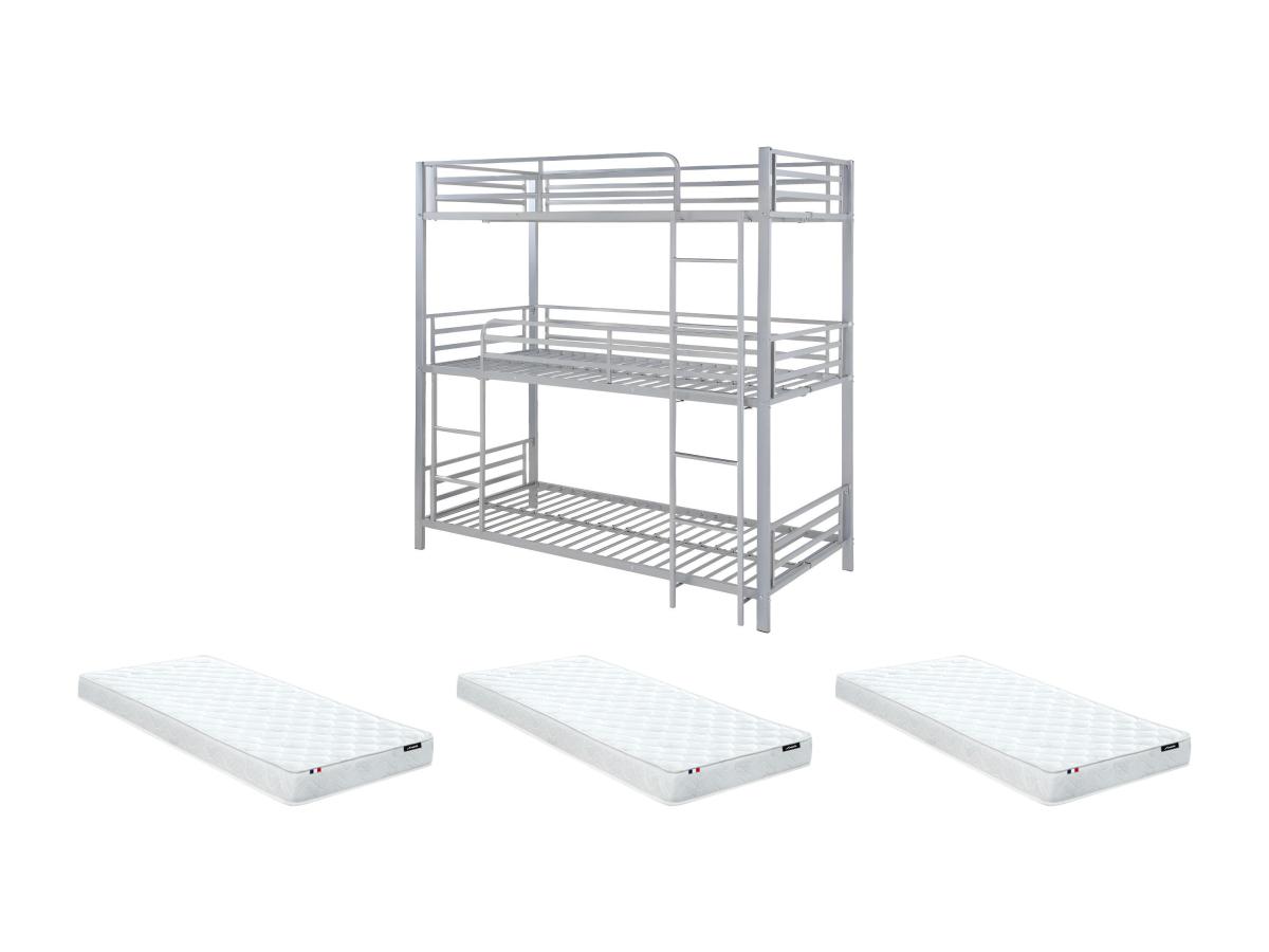 Etagenbett mit Matratze - 3 Personen - 3 x 90 x 190 cm - Metall - Silberfar günstig online kaufen
