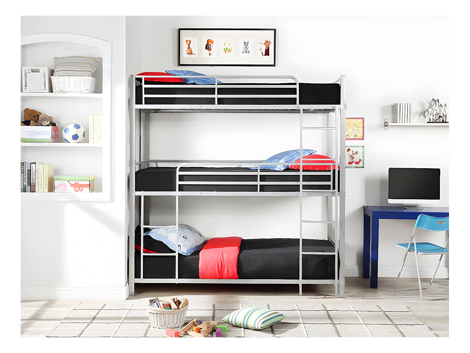 Lits superposés triple 3 x 90 x 190 cm - Métal - Argent + Matelas - ELOUAN III