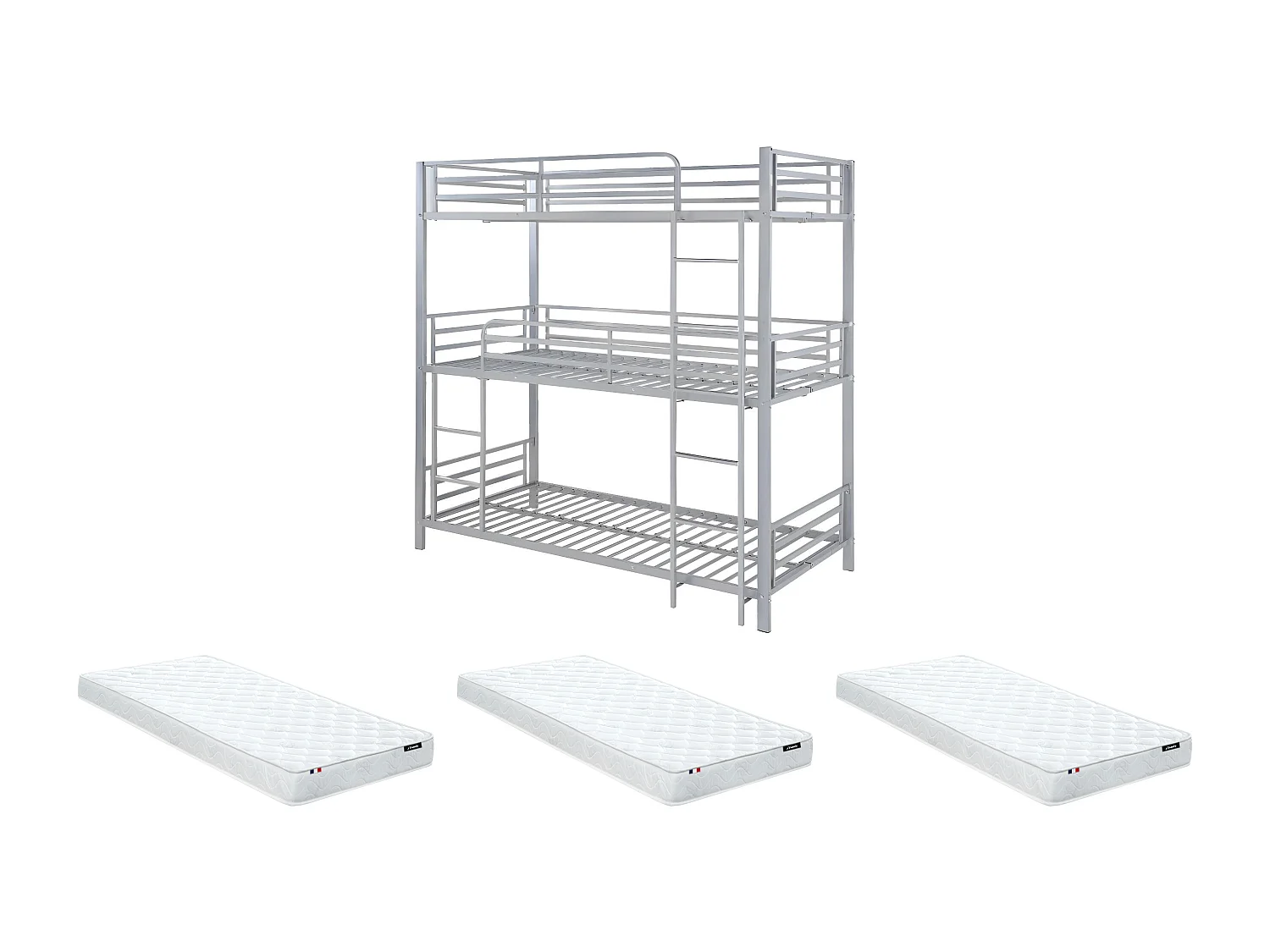 Lits superposés triple 3 x 90 x 190 cm - Métal - Argent + Matelas - ELOUAN III