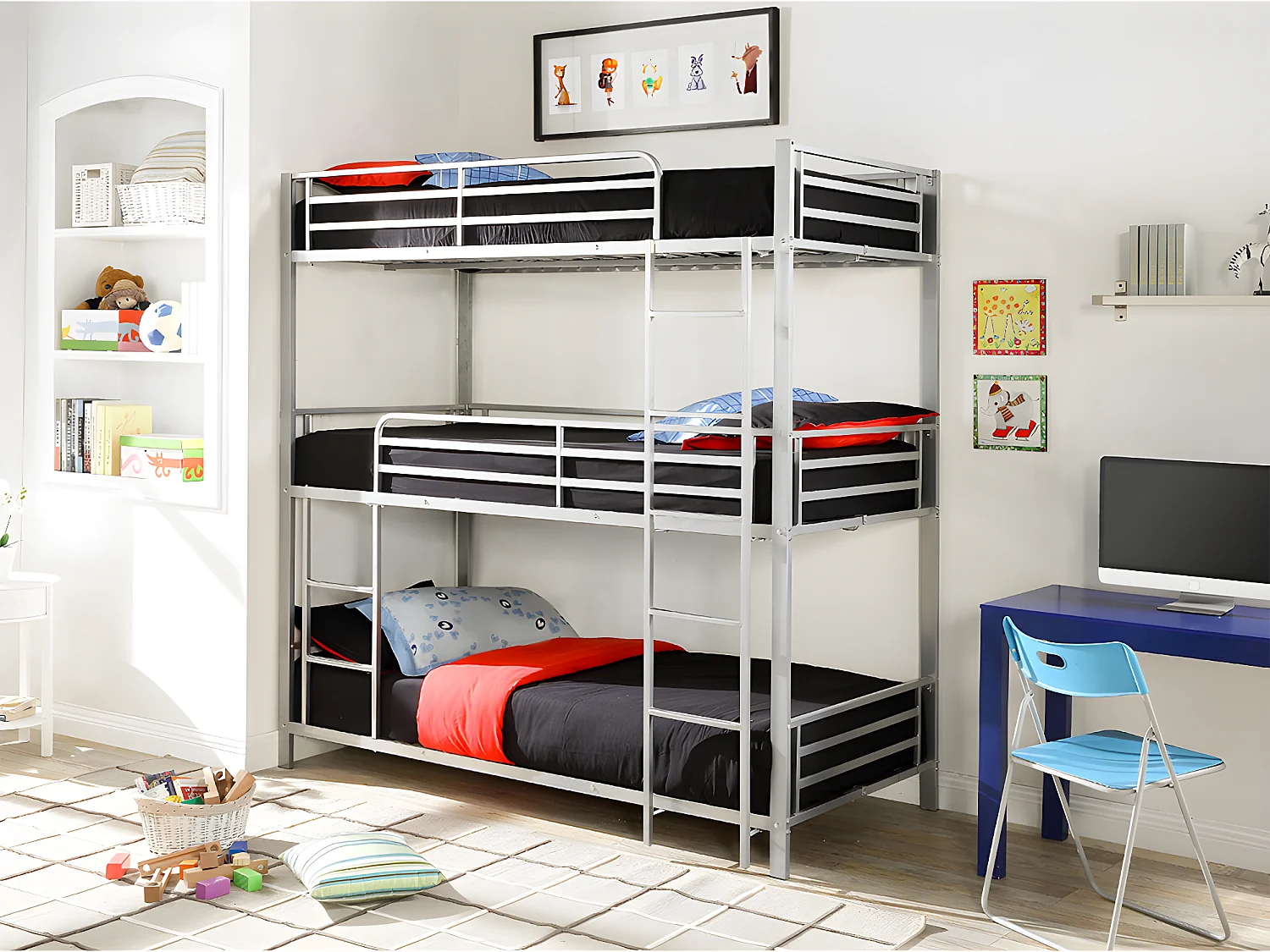 Lits superposés triple 3 x 90 x 190 cm - Métal - Argent + Matelas - ELOUAN III