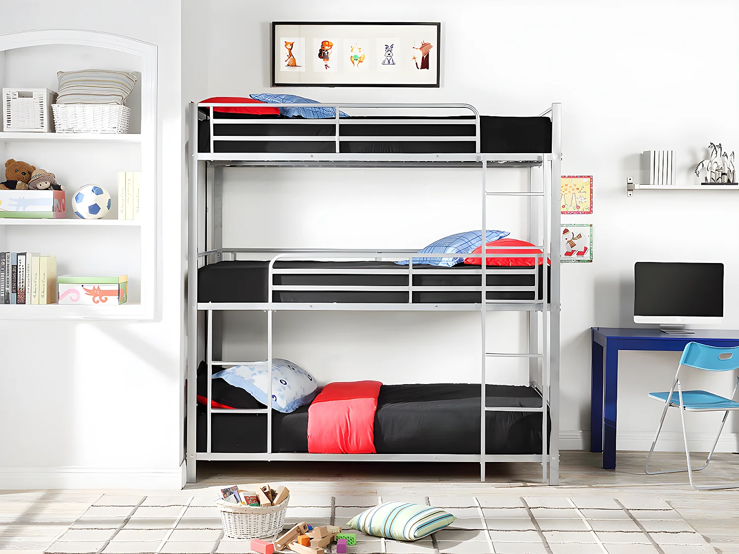 Lits superposés triple 3 x 90 x 190 cm - Métal - Argent + Matelas - ELOUAN III