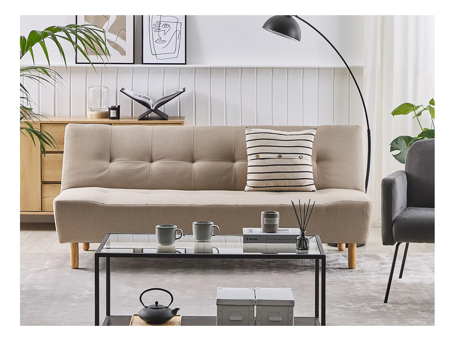 3-Sitzer Sofa mit Schlaffunktion Stoffbezug beige gesteppt Schlafsofa Alsten