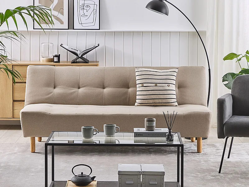 3-Sitzer Sofa mit Schlaffunktion Stoffbezug beige gesteppt Schlafsofa Alsten