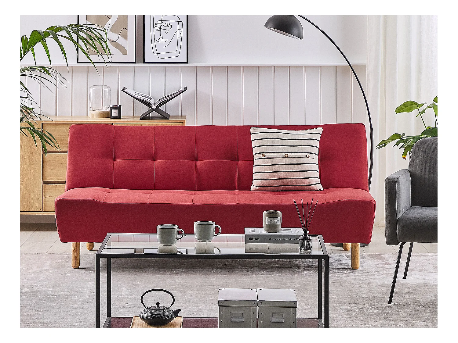 3-Sitzer Sofa mit Schlaffunktion Stoffbezug rot gesteppt Schlafsofa Alsten