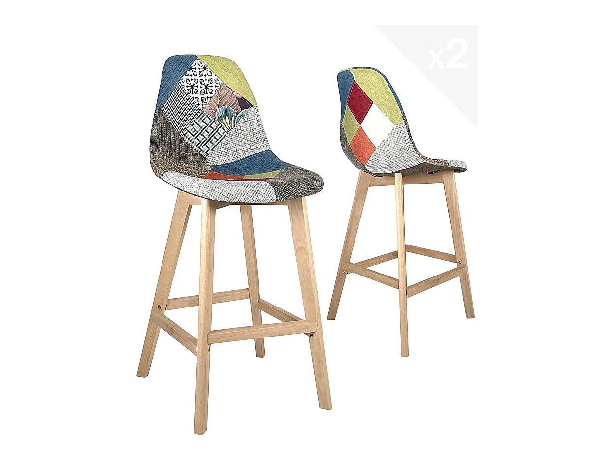 Lot 2 chaise de bar 67cm patchwork tissu large siège rembourré pieds bois SLICK (floral)