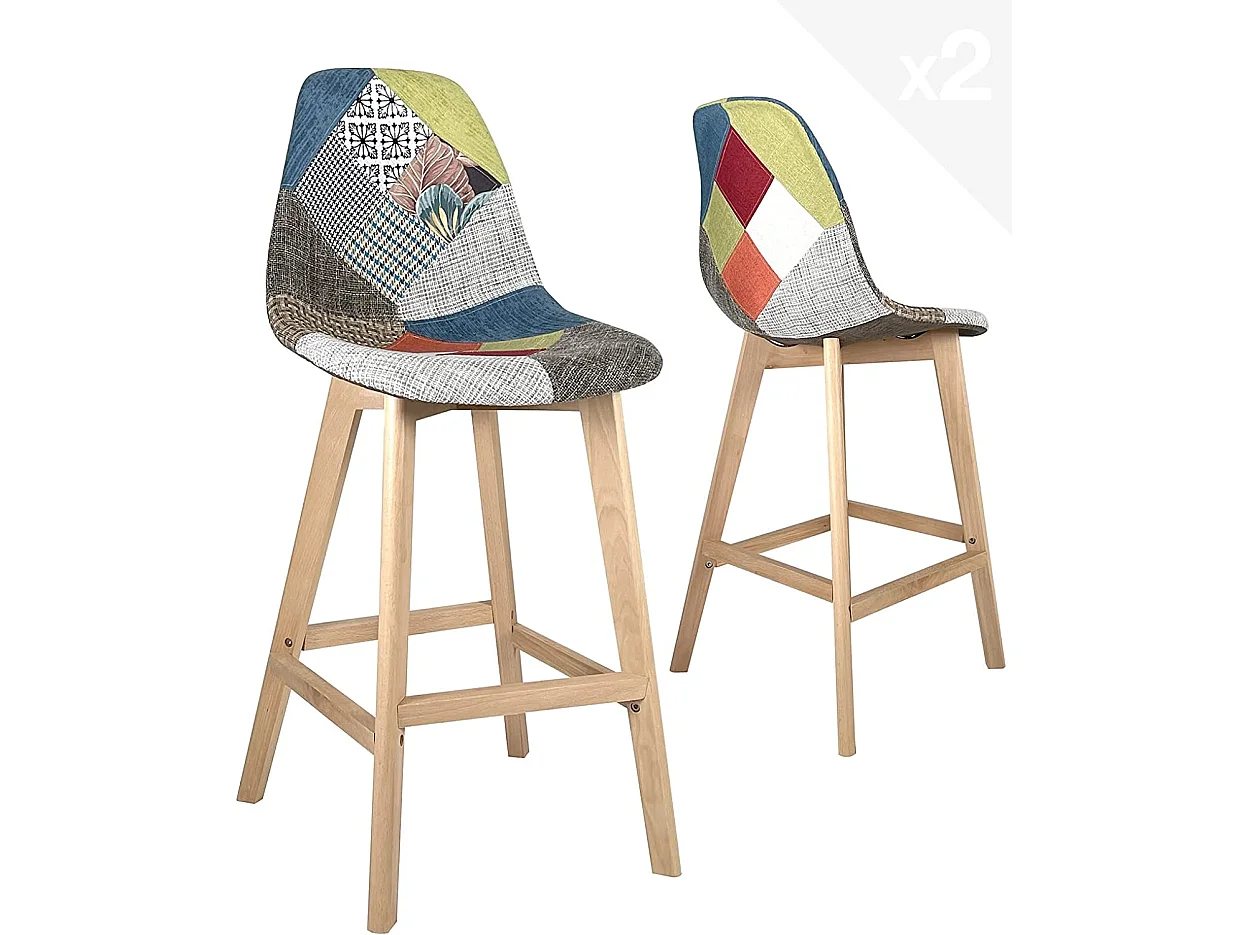 Lot 2 chaise de bar 67cm patchwork tissu large siège rembourré pieds bois SLICK (floral)