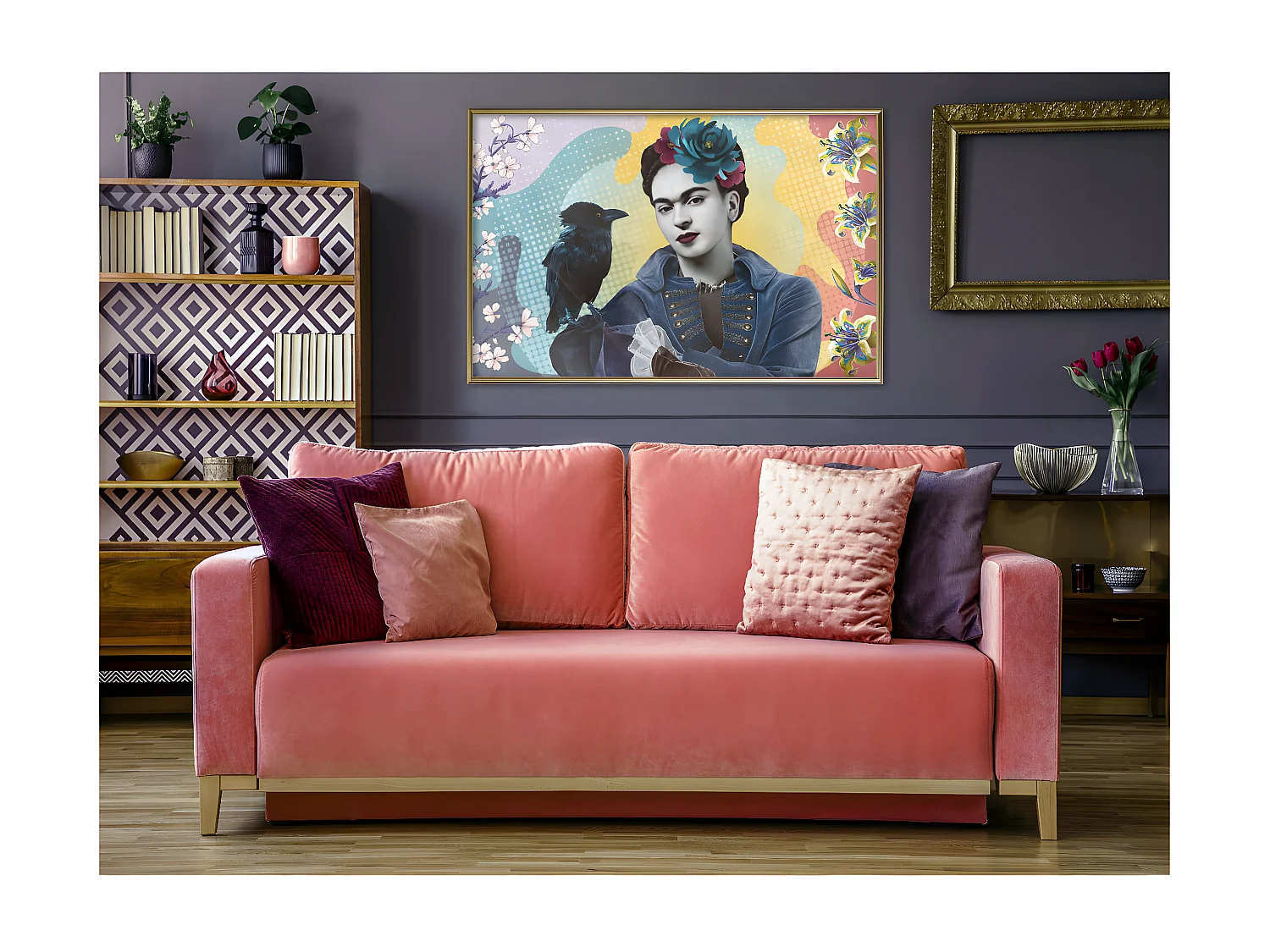 Affiche Murale Encadrée "Frida with a Raven" 90 x 60 cm Or